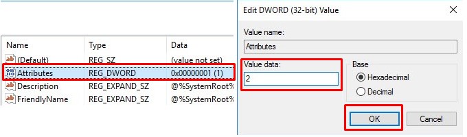 Editing Attribute settings in Registry from 1 to 2
