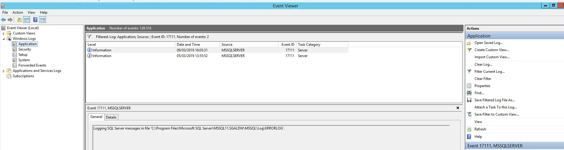 Locate Sql Server Log file location Using Application Event Viewer