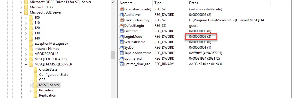 Change SQL Server Authentication Mode from regedit