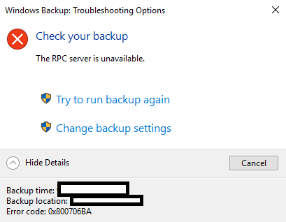 Backup Error 0x800706ba