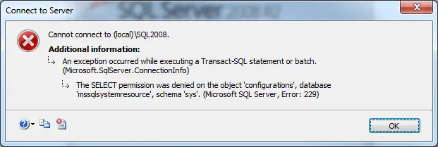 Microsoft SQL Server error 229