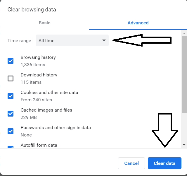 Chrome Clear All Browsing Data Screen