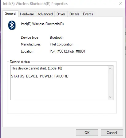 Device Cannot Start (Code 10) Bluetooth