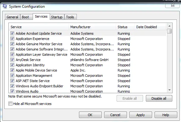 Disabling all start up services.