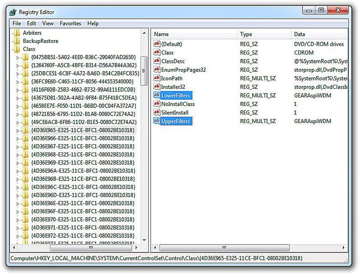 Modify the registry UpperFilters and LowerFilters