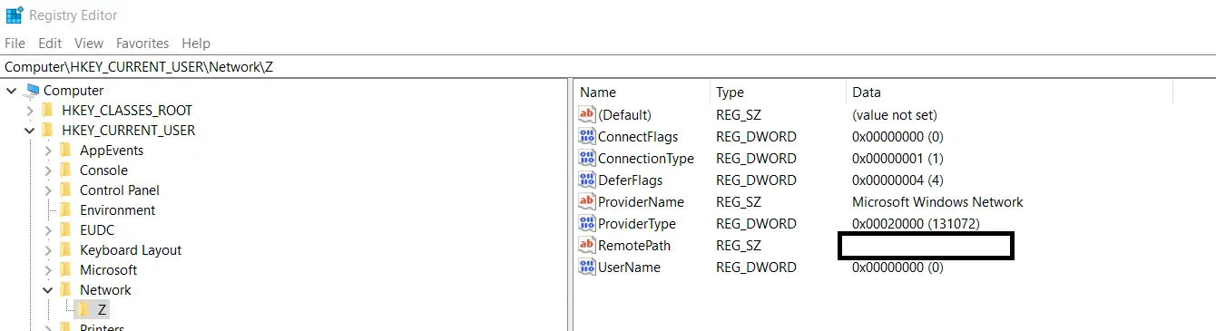 remove network drive using Regedit