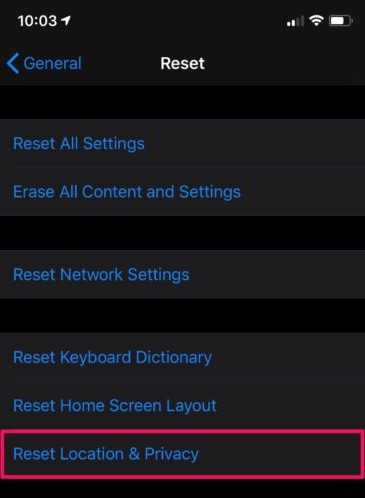 Reset Location and Privacy - Fix the device attached to the system is not functioning error on iPhone