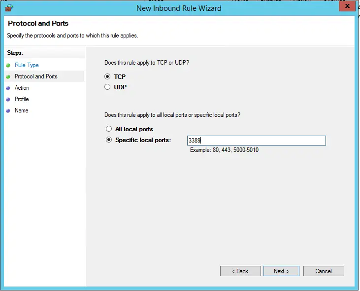 Provide permission for Port 3389 on Firewall