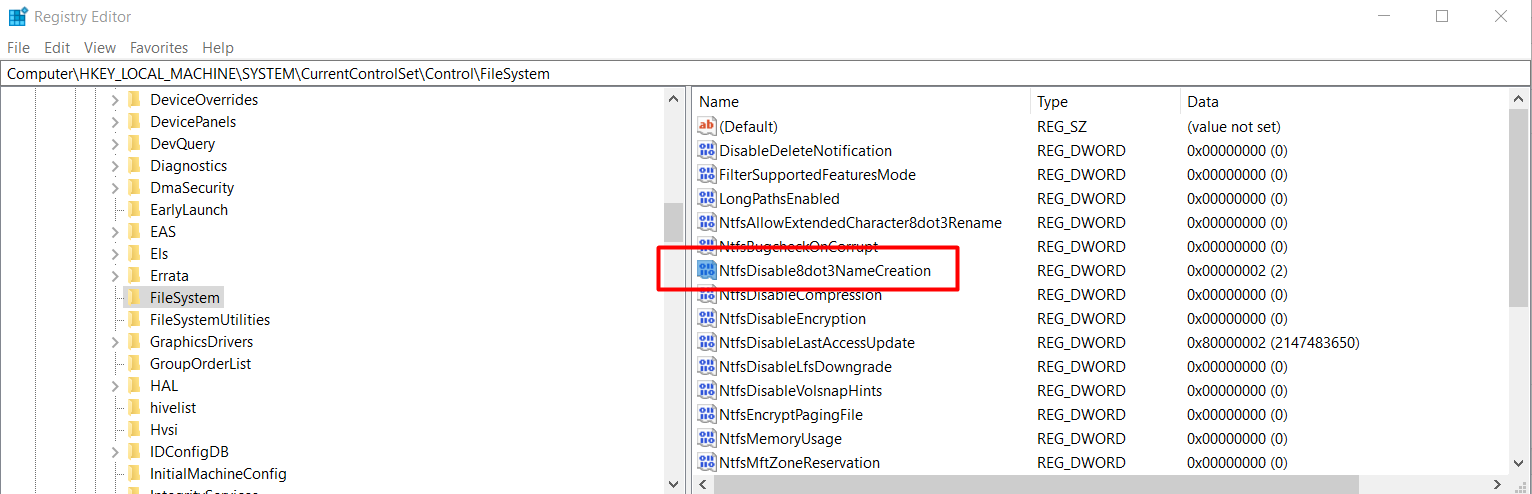 Edit NtfsDisable8dot3NameCreation registry value