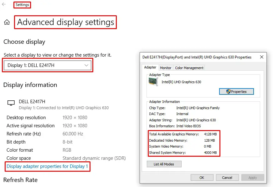 How to check the dedicated video memory windows 10