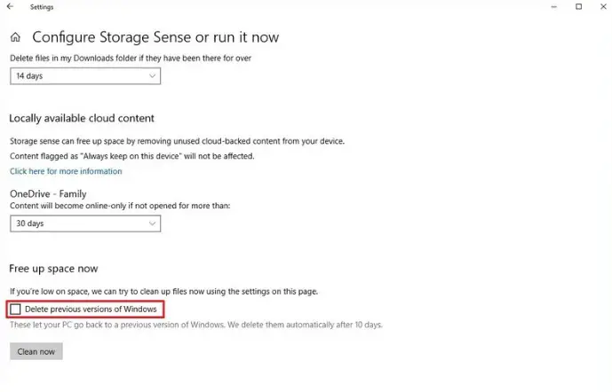 Delete Windows.old folder - Storage sense settings
