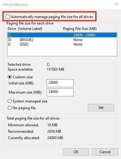 Automatically manage paging file size for all drives