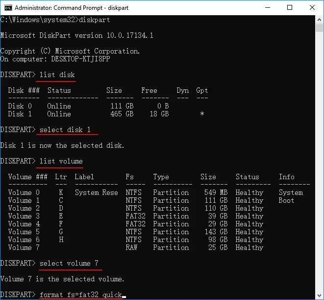 Type the following command lines one by one to repair the RAW EFI partition